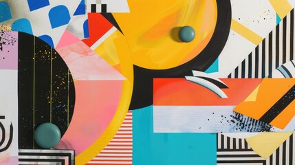 A pop art-inspired collage of bold geometric shapes and bright colors, evoking a sense of playful nostalgia.