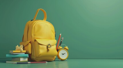 A yellow backpack with a clock, books and pencils on a green background.
