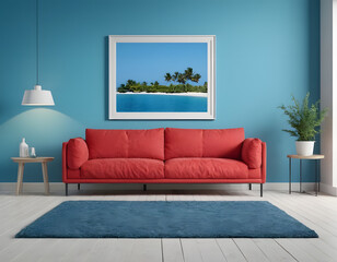The modern living room interior design and red sofa set and empty canvas frame on blue wall background and white wooden floor