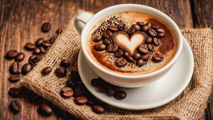 Cup of coffee latte with heart shape and coffee beans on old wooden background.