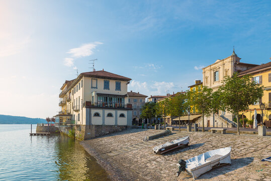 Lake Maggiore, Arona, Italy. Tourist town on Lake Maggiore, Piedmont shore. Historic center, piazza del Popolo, the oldest and most characteristic part of the city