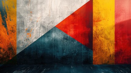 Abstract painting with bright colors. Red, yellow, blue and white.