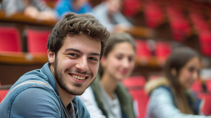 Fototapeta premium Portrait of a French caucasian happy university male student sitting in a college lecture hall