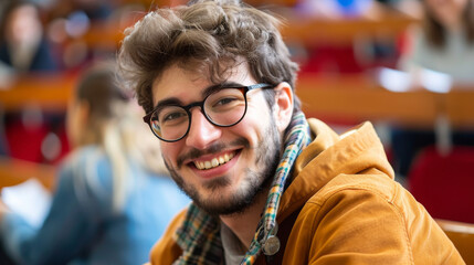 Portrait of a French caucasian happy university male student sitting in a college lecture hall