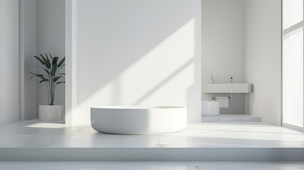 Fototapeta na wymiar A minimalist, white podium, with a simple design, set against a backdrop of a minimalist, white bathroom.