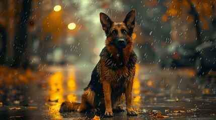 Forlorn Beauty: Drenched Canine in City Setting