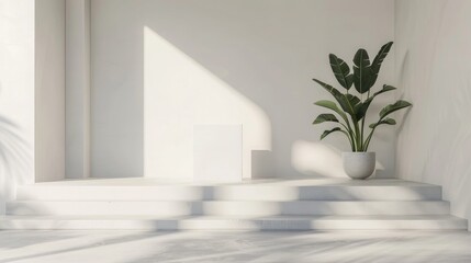 A minimalist, white podium, with a simple design, set against a backdrop of a minimalist, white gallery.