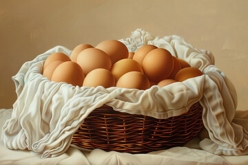A basket of a dozen of chicken egg, with white linen cloth wrapped around the edge, Generative AI - obrazy, fototapety, plakaty