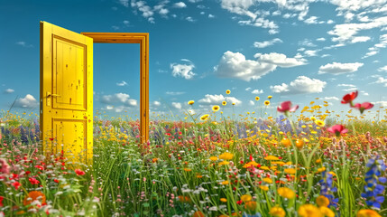 a door with a yellow sill opening in a field of colorful flowers