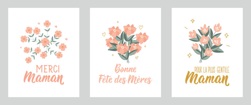 Set of Mother's Day cards. Text in French - Happy Mother's Day, Thank you mom, For the nicest mom. Holidays lettering. Ink illustration. Postcard design. - Powered by Adobe