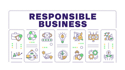 Responsible business word concept isolated on white. Corporate earth friendly. Social responsibility. Creative illustration banner surrounded by editable line colorful icons. Hubot Sans font used