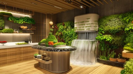 A biophilic design kitchen with natural, living walls, sustainable bamboo flooring, and a central,...