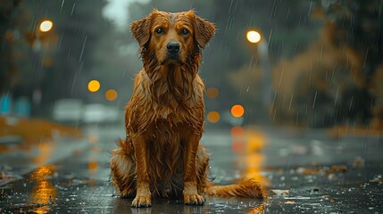 Resilience in Solitude: Drenched Dog in Rainy Street