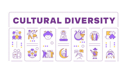 Cultural diversity word concept isolated on white. Different cultures, foreign language. Multi ethnic. Creative illustration banner surrounded by editable line colorful icons. Hubot Sans font used