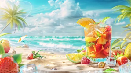 A painting featuring a beach setting with a refreshing fruit cocktail served with ice and garnish...