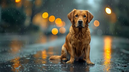 Resilient Solitude: Drenched Dog in Urban Scene