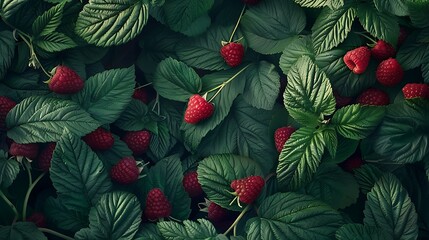 Ripe raspberries nestled among verdant leaves, showcasing their vibrant hues. - Powered by Adobe
