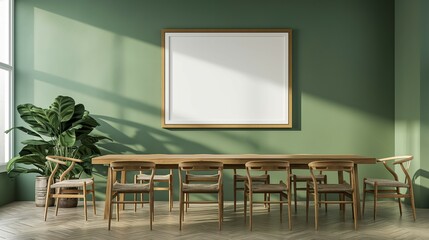 Frame mockup. Wooden dining table and chairs with dark green wall in the background. Modern dining room home interior, 3d render