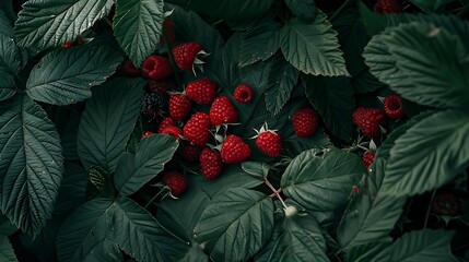 Ripe raspberries nestled among verdant leaves, showcasing their vibrant hues. - Powered by Adobe