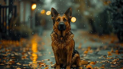 Reflective Beauty: Drenched Canine in Rainy Street
