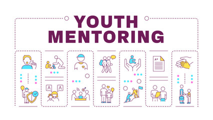 Youth mentoring word concept isolated on white. Skill development, holistic growth. Self assurance. Creative illustration banner surrounded by editable line colorful icons. Hubot Sans font used