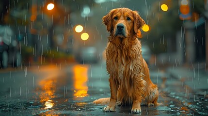 Melancholic Charm: Drenched Canine in City Setting