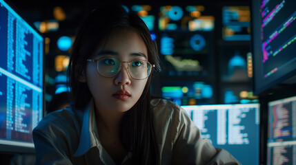 An Asian female computer engineer is working on the screen