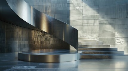 A metallic, silver podium, with a modern design, set against a backdrop of a sleek, metallic staircase.