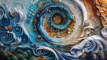 a mandala that tells the story of the ocean's depths, with swirling waves and hidden treasures.