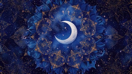 a mandala that pays homage to the beauty of the night sky, with sparkling stars and a crescent moon.