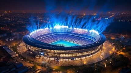 Soccer championship  blue team kicks off, fans cheer at packed stadium, tv broadcast concept