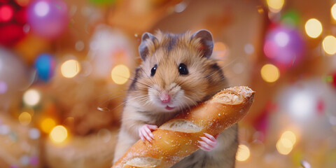 A cute hamster with a baguette