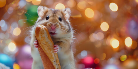 A cute hamster with a baguette