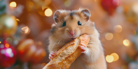 A cute hamster with a baguette