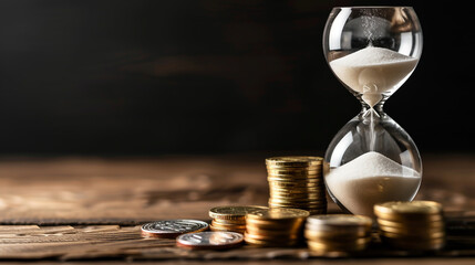 An hourglass with sand and a stack of coins on a wooden table against a dark background,
