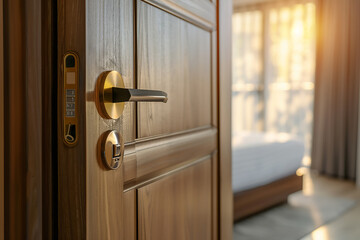 hotel room door with digital card handle open, close up shot of the closed wooden bedroom doors in luxury modern hotel or apartment , blurred background with bed and sunlight, closeup of metal lock on