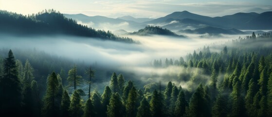 Panoramic view of foggy forest in the mountains at sunrise