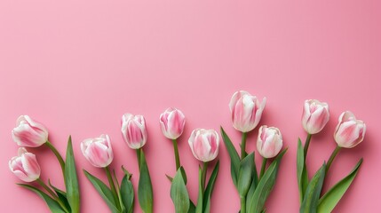 pink tulips on a white background Mother's Day concept. Top view photo of bouquet of white and pink tulips on isolated pastel pinkbackground with copyspace