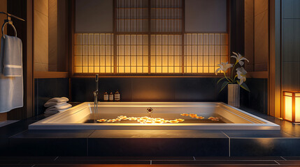 Plush modern bathroom featuring a Japanese Traditional luxurious bathtub with flower 