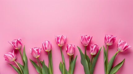 pink tulips on a white background Mother's Day concept. Top view photo of bouquet of white and pink tulips on isolated pastel pinkbackground with copyspace