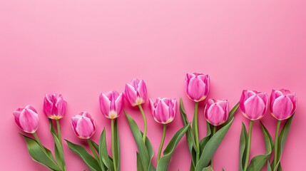 pink tulips on a white background Mother's Day concept. Top view photo of bouquet of white and pink tulips on isolated pastel pinkbackground with copyspace