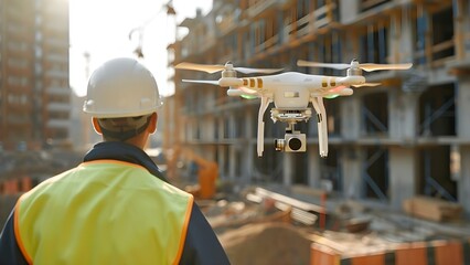 Engineer using drones for geospatial mapping in construction site aerial survey. Concept...
