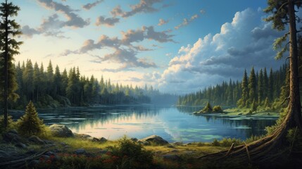 A landscape of a lake with a forest and beautiful sky