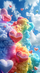 Dreamy Watercolor Hearts and Clouds in the Sky with Vibrant Rainbow Hues