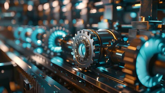 Hightech factory scene showing a laptop controlled PLC and dynamic gears, blue lighting