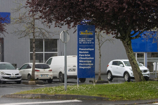France, 01 April 2024: Norauto vehicle service center storefront in a city setting..