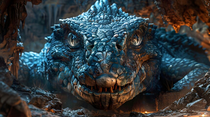 Fearsome Basilisk Guarding Its Treasure Within Hidden Cave with Unblinking Eyes in Cinematic 3D Render