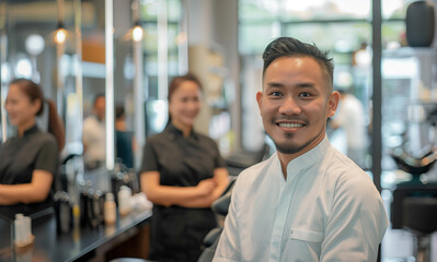 A smiling Thai smart male hairdresser standing in his salon, looking at the camera with a relaxed and confident smile. In front of him is an empty chair for new clients to come sit in