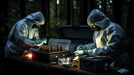 Gang violence crime scene  forensics gather evidence, empty handgun identified as murder weapon
