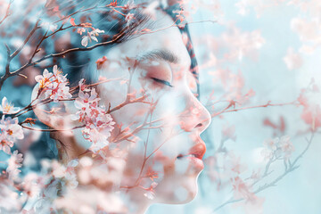 A double exposure of Spring Cherryblossom and attractive Japanese woman's face, featuring an ethereal color palette with shades of pink and white 
